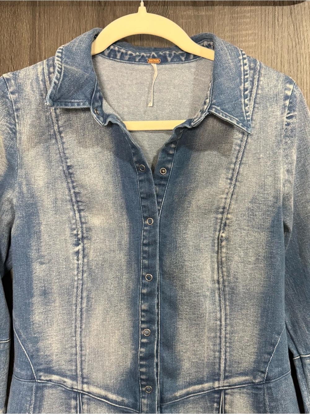 Free People Thea Denim Snap Front Fit & Flare Mini Dress Bell Sleeve Small - Picture 4 of 8